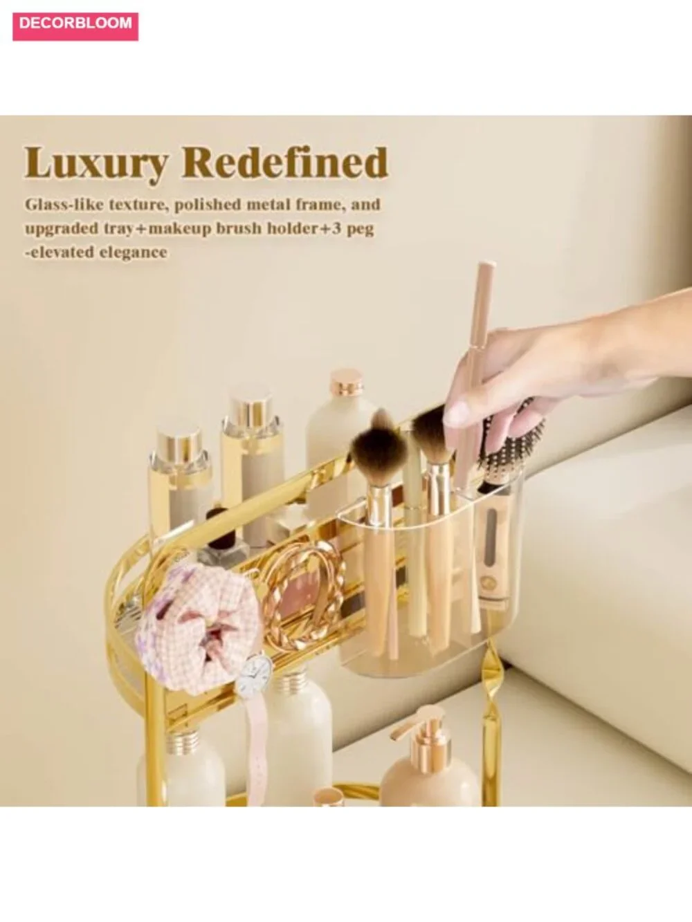 2-Tier Gold Rotating Makeup Organizer with Brush Holder & Jewelry Hooks